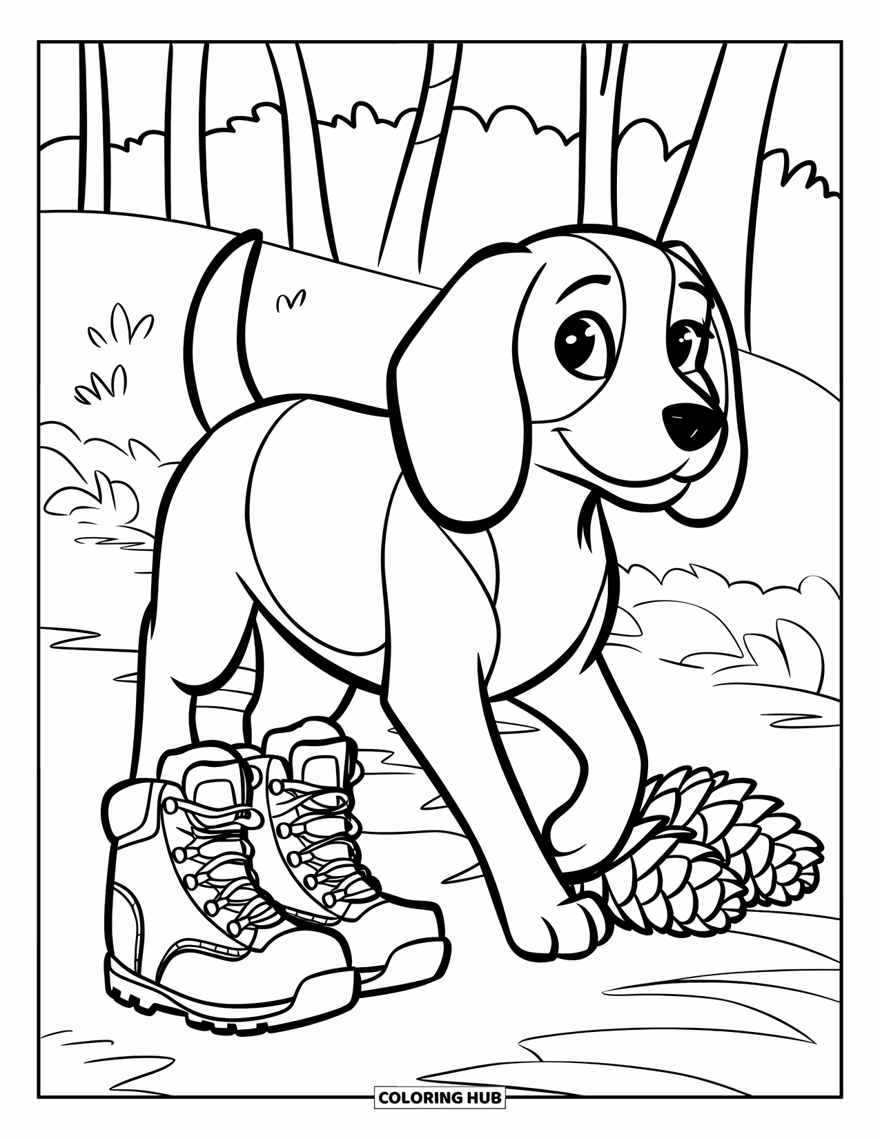 Beagle Coloring Page for Kids: Beagle beside hiking boots and pinecones along a wooded trail