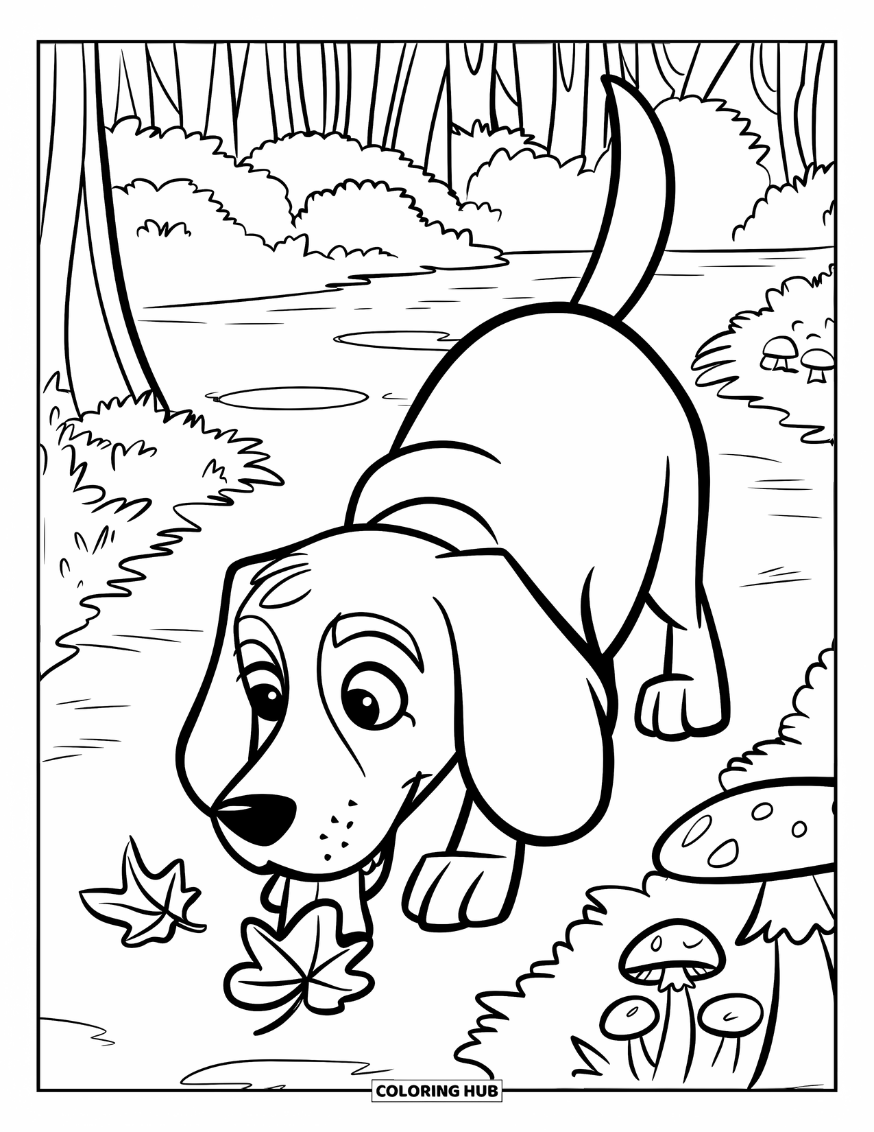 Beagle Coloring Page for Kids: Beagle exploring a tree-lined forest path with scattered mushrooms