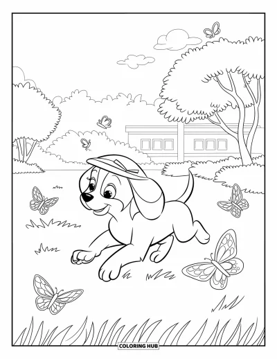 Desen de colorat cu beagle pentru copii: Beagle cu pălărioară drăguță alergând după fluturi printr-un parc cu iarbă