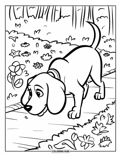 Desen de colorat cu beagle pentru copii: Beagle într-o grădină plină de flori, stând pe o cărare