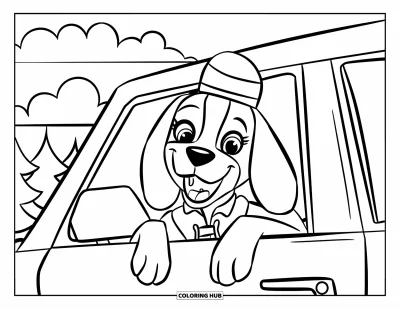 Desen de colorat cu beagle pentru copii: Beagle cu pălărie și capul pe geamul mașinii, trecând pe lângă copaci și nori