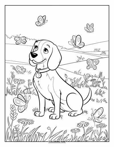 Desen de colorat cu beagle pentru copii: Beagle într-o poiană plină de flori înflorite și fluturi fâlfâind