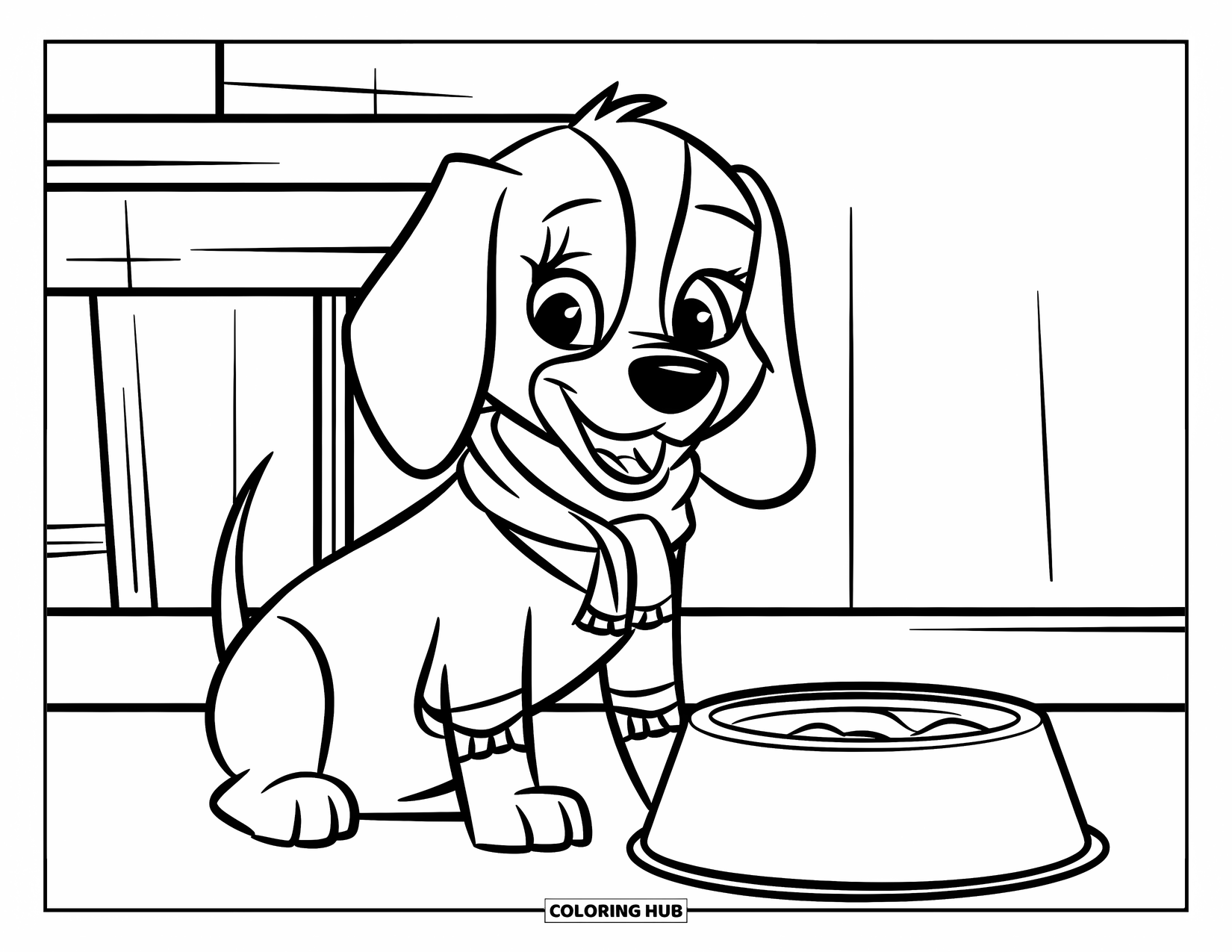 Beagle Coloring Page for Kids: Beagle in a scarf sitting beside its food bowl indoors