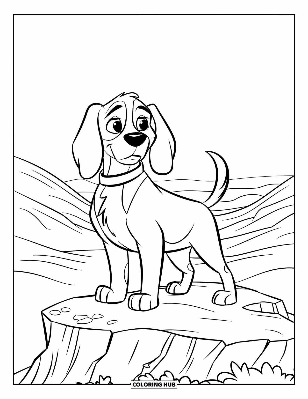 Beagle Coloring Page for Kids: Beagle on a rock gazing at rolling hills and distant horizon