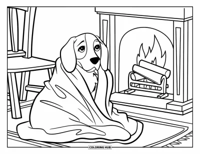 Desen de colorat cu beagle pentru copii: Beagle pe un covor, învelit în pătură lângă un șemineu aprins