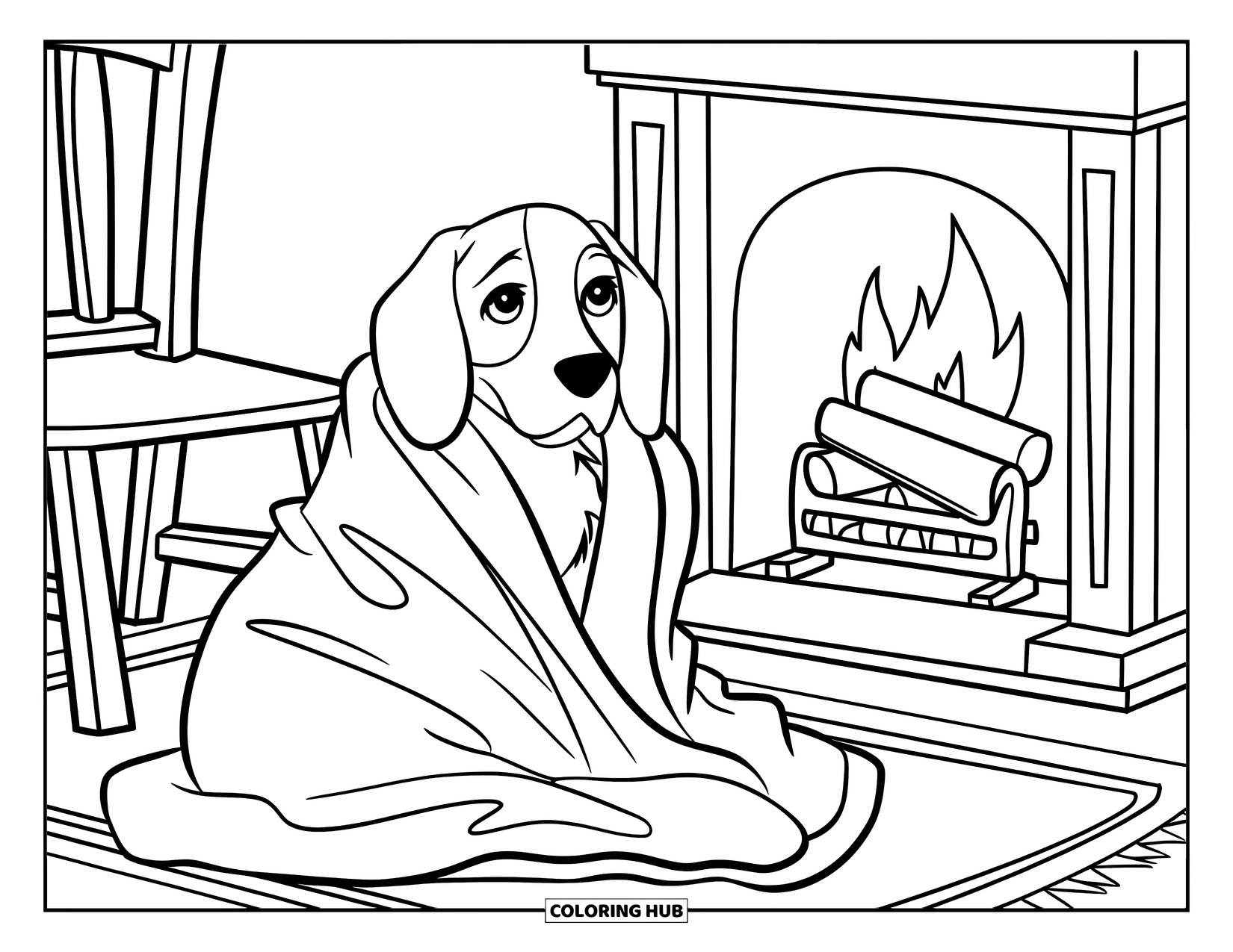 Beagle Coloring Page for Kids: Beagle on a rug wrapped in a blanket near a burning fireplace