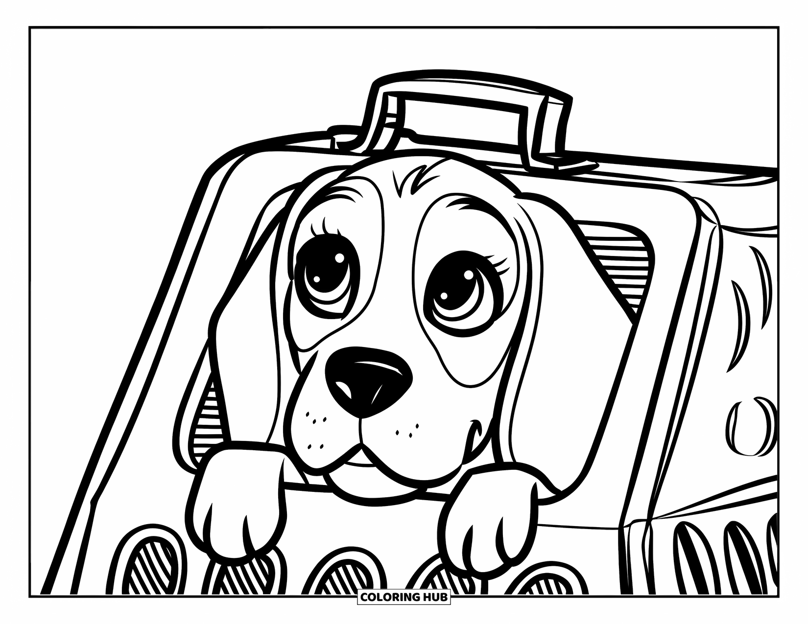 Beagle Coloring Page for Kids: Beagle peeking out of a dog carrier with big, curious eyes