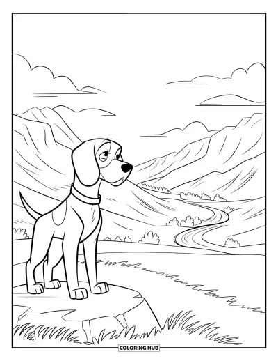 Desen de colorat cu beagle pentru copii: Beagle stând mândru pe o stâncă cu vedere la o vale verde și un râu