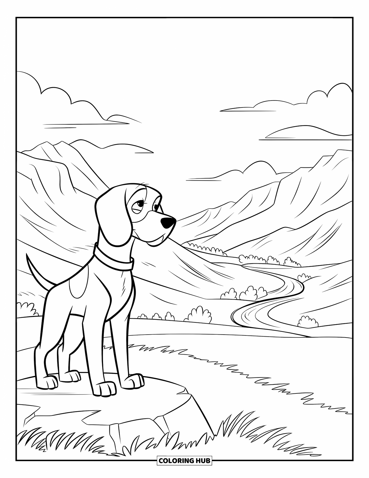 Beagle Coloring Page for Kids: Beagle proudly standing on a rock overlooking a grassy valley and river