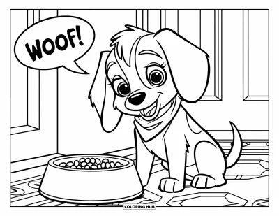 Desen de colorat cu beagle pentru copii: Pui de beagle cu fular lângă un bol plin, spunând “Woof!”
