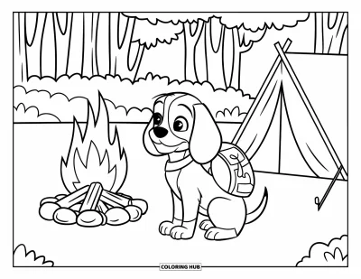 Desen de colorat cu beagle pentru copii: Beagle odihnind lângă un foc de tabără și un cort înconjurat de copaci