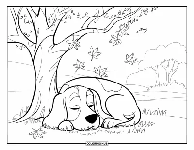Desen de colorat cu beagle pentru copii: Beagle odihnind sub un copac cu frunze de toamnă într-un câmp liniștit