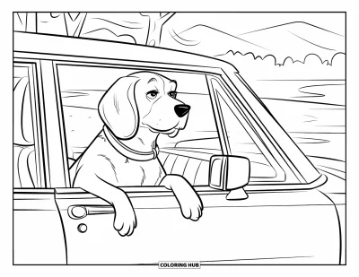 Desen de colorat cu beagle pentru copii: Beagle călătorind într-o mașină vintage printr-un peisaj pitoresc