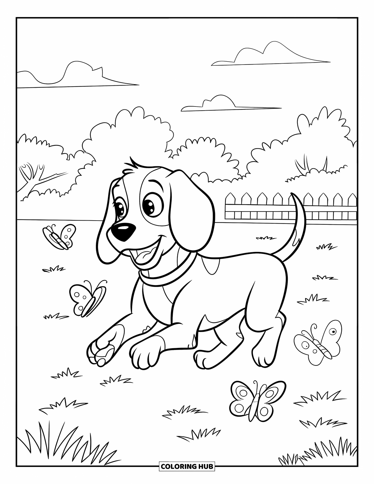 Beagle Coloring Page for Kids: Beagle running through a park with butterflies and a white fence