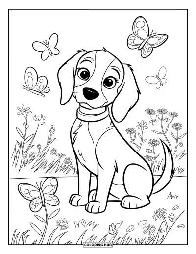 Desen de colorat cu beagle pentru copii: Beagle așezat într-o poiană plină de flori cu fluturi zburând în jur