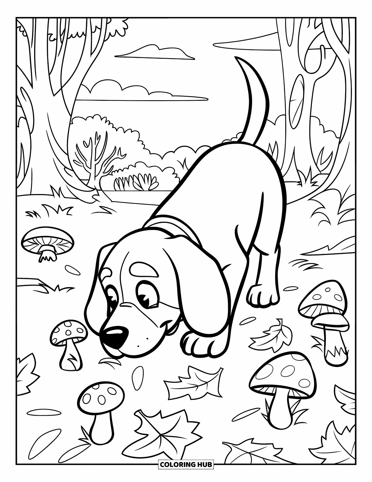 Beagle Coloring Page for Kids: Beagle sniffing around mushrooms and leaves in a clear forest scene
