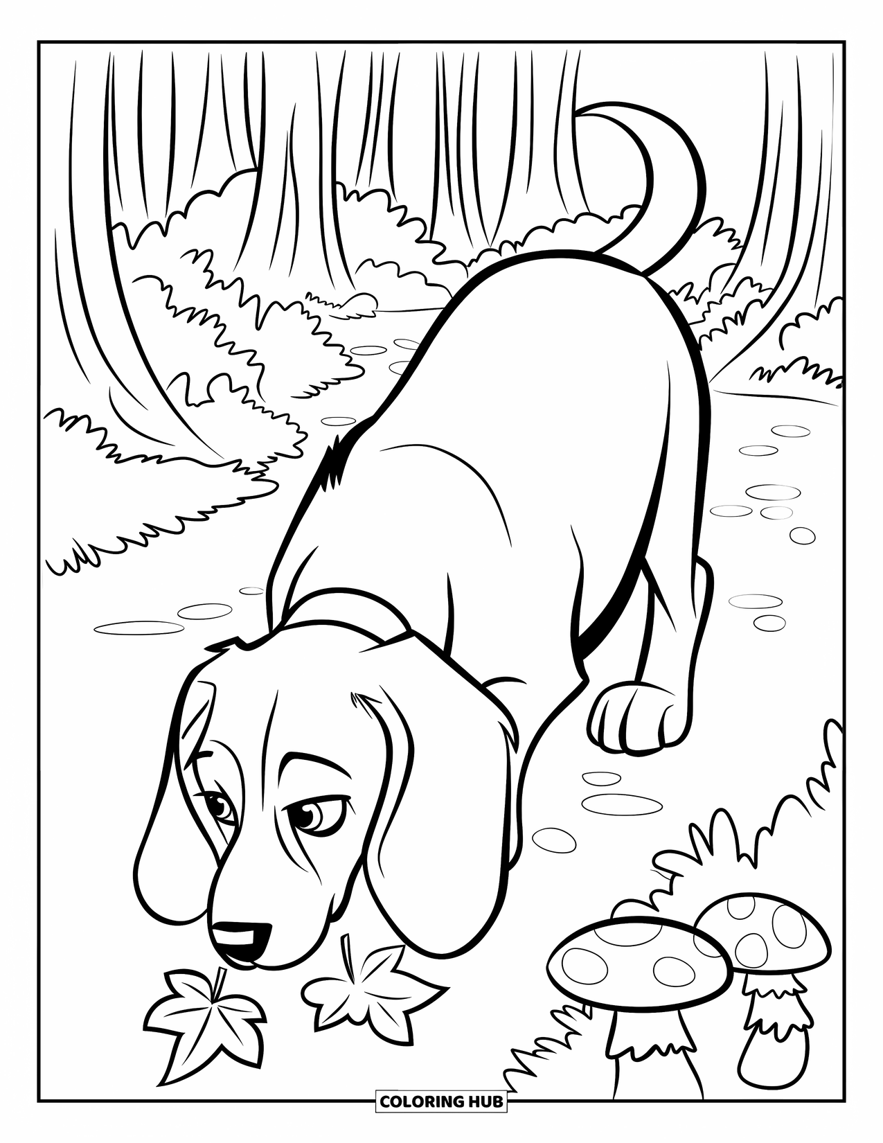 Beagle Coloring Page for Kids: Beagle sniffing fallen leaves and mushrooms in a tall forest