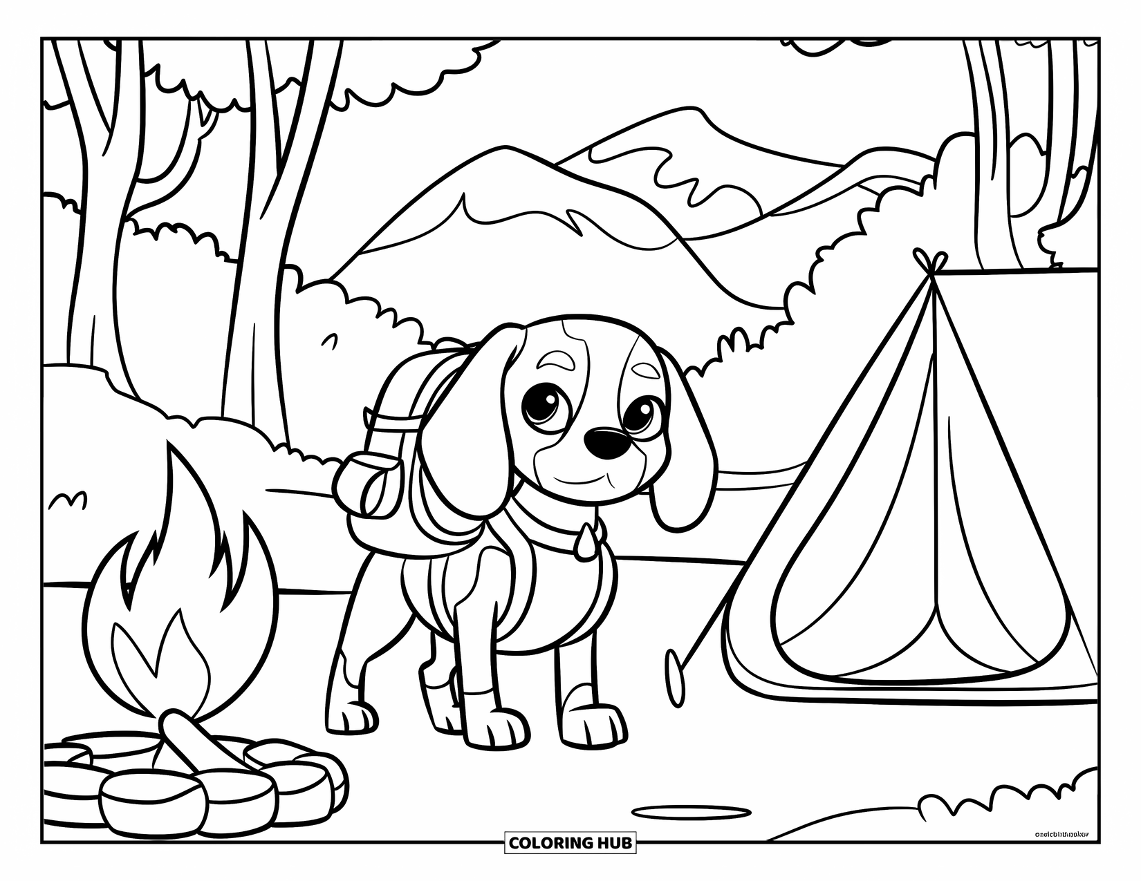 Beagle Coloring Page for Kids: Beagle standing near a tent and campfire with mountain and tree scenery