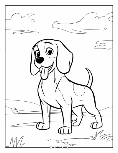 Desen de colorat cu beagle pentru copii: Beagle stând în iarbă cu limba scoasă și cerul deasupra