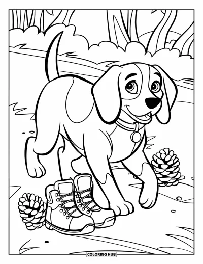 Desen de colorat cu beagle pentru copii: Beagle plimbându-se cu cizme și conuri de pin pe o potecă mărginită de copaci
