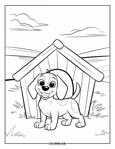 Desen de colorat cu beagle pentru copii: Beagle dând din coadă în fața unei căsuțe roșii pe iarbă