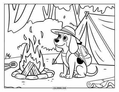 Desen de colorat cu beagle pentru copii: Beagle cu rucsac stând lângă un foc de tabără și un cort în pădure