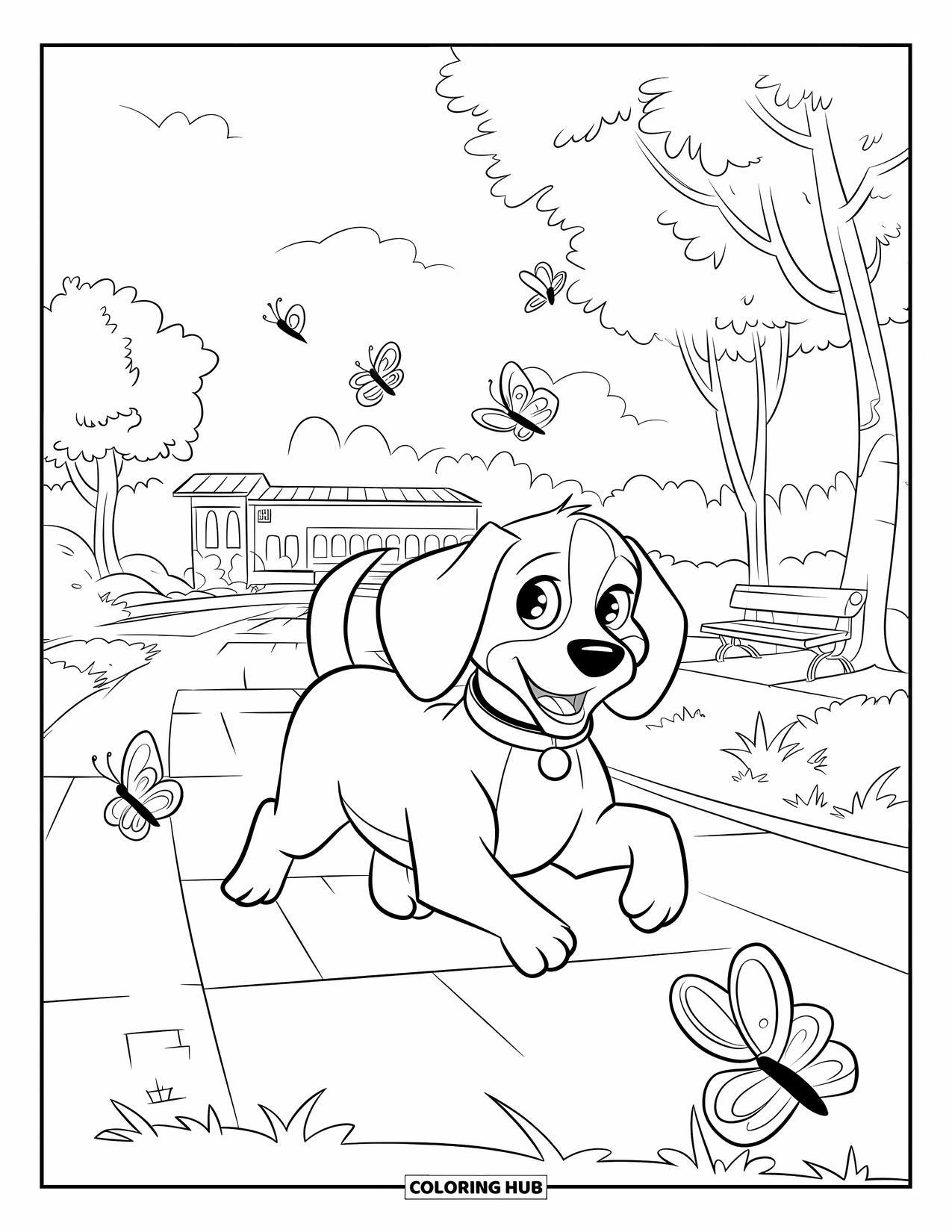 Beagle Coloring Page for Kids: Beagle with a collar running after butterflies near a bench and building