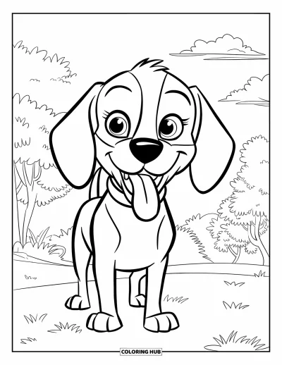 Desen de colorat cu beagle pentru copii: Beagle cu ochi mari și limba scoasă, sub un cer cu copaci