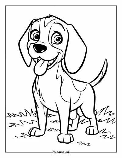 Desen de colorat cu beagle pentru copii: Beagle cu urechi moi și limba scoasă, stând în iarbă