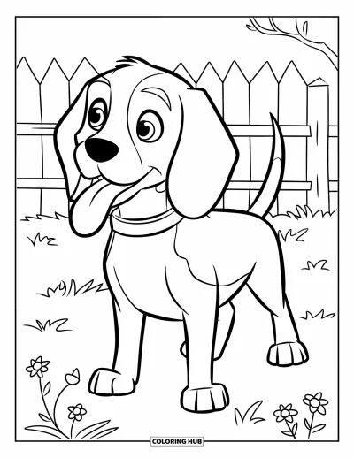 Desen de colorat cu beagle pentru copii: Beagle cu limba scoasă stând într-un câmp cu flori și gard