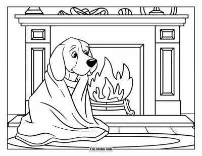 Desen de colorat cu beagle pentru copii: Beagle învelit într-o pătură, stând lângă un șemineu cald