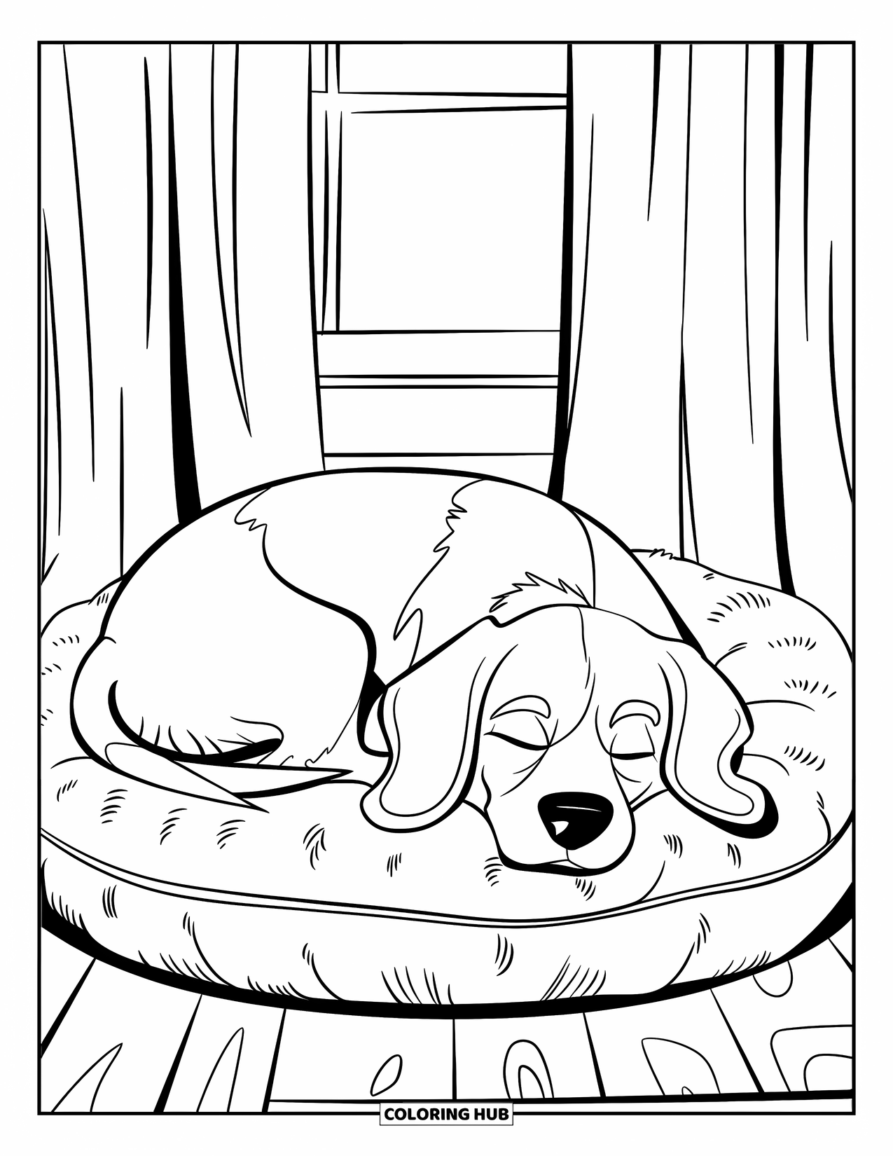 Beagle Coloring Page for Kids: Sleepy beagle curled on a soft cushion near a window
