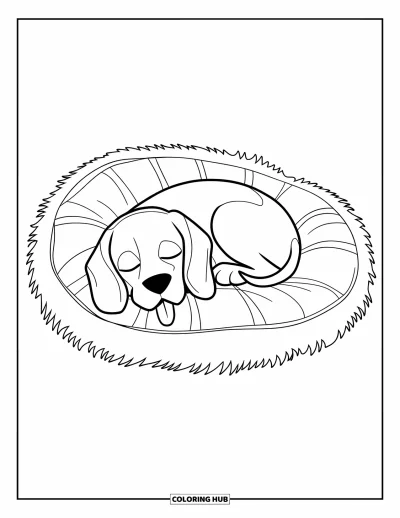 Desen de colorat cu beagle pentru copii: Beagle somnoros pe o pernă în carouri cu limba scoasă, relaxându-se