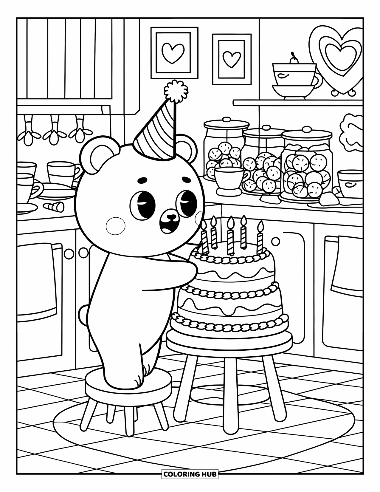 Birthday Cake Coloring Page for Adults: A bear in a party hat stands on a stool, adding candles to a tall cake