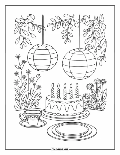 Fargeleggingsark med bursdagskake for voksne: Et bursdagsbord med kake, tekopp og lykter hviler blant blomster og grønt