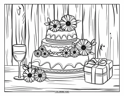 Fargeleggingsark med bursdagskake for voksne: En bursdagstemaet utstilling med kake, blomster, gaveeske og vin på trehyller