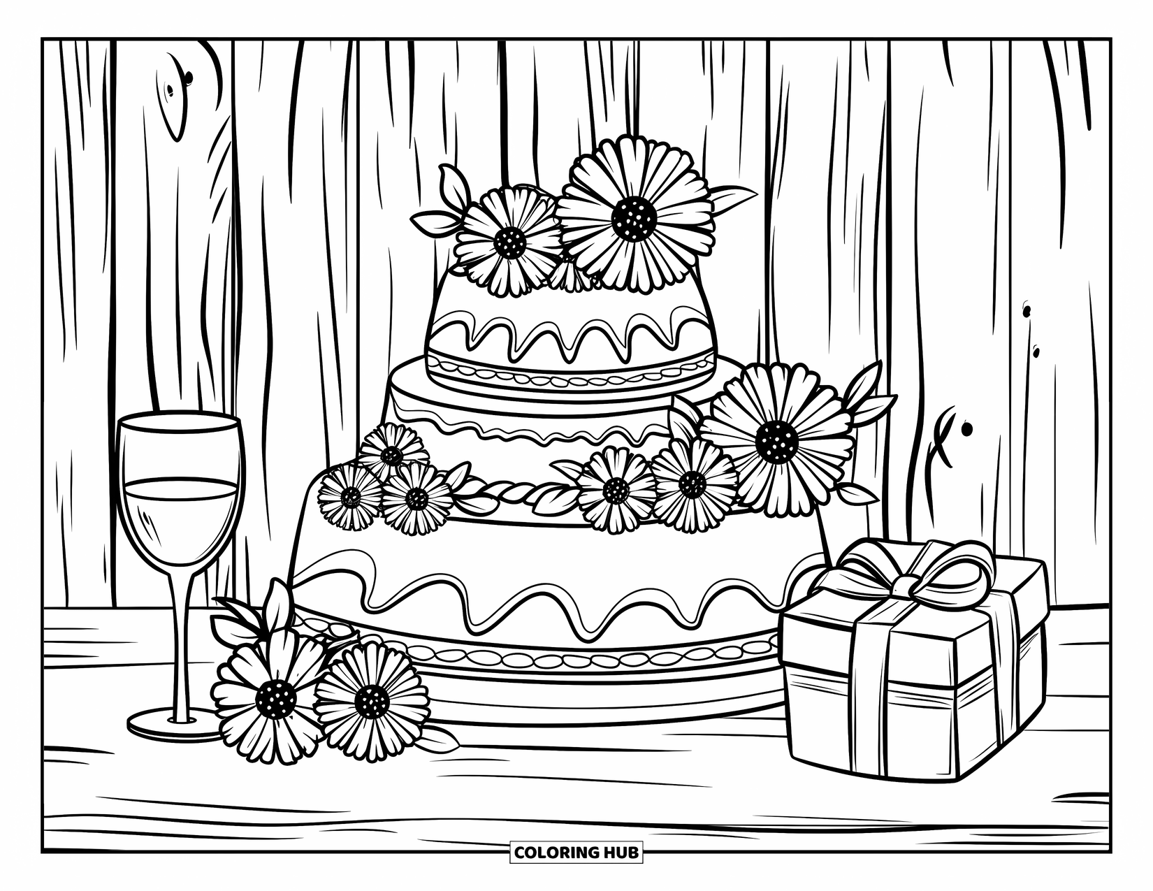 Birthday Cake Coloring Page for Adults: A birthday-themed display features a cake, flowers, gift box, and wine on wooden shelves