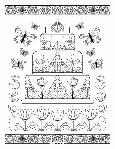 Fargeleggingsark med bursdagskake for voksne: En kake omgitt av sommerfugler og lotusblomster innenfor en ornamental mønsterkant