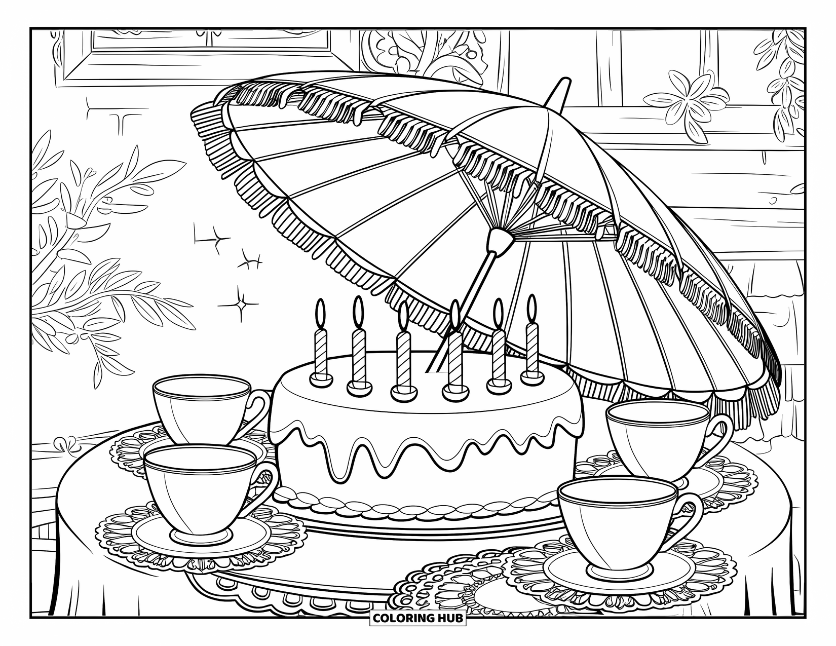 Birthday Cake Coloring Page for Adults: A cake under a parasol sits with teacups and doilies in a cozy vintage setting