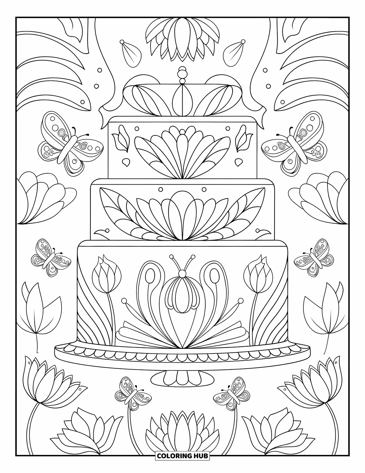 Birthday Cake Coloring Page for Adults: A cake with butterflies and lotus patterns is surrounded by elegant garden-inspired details