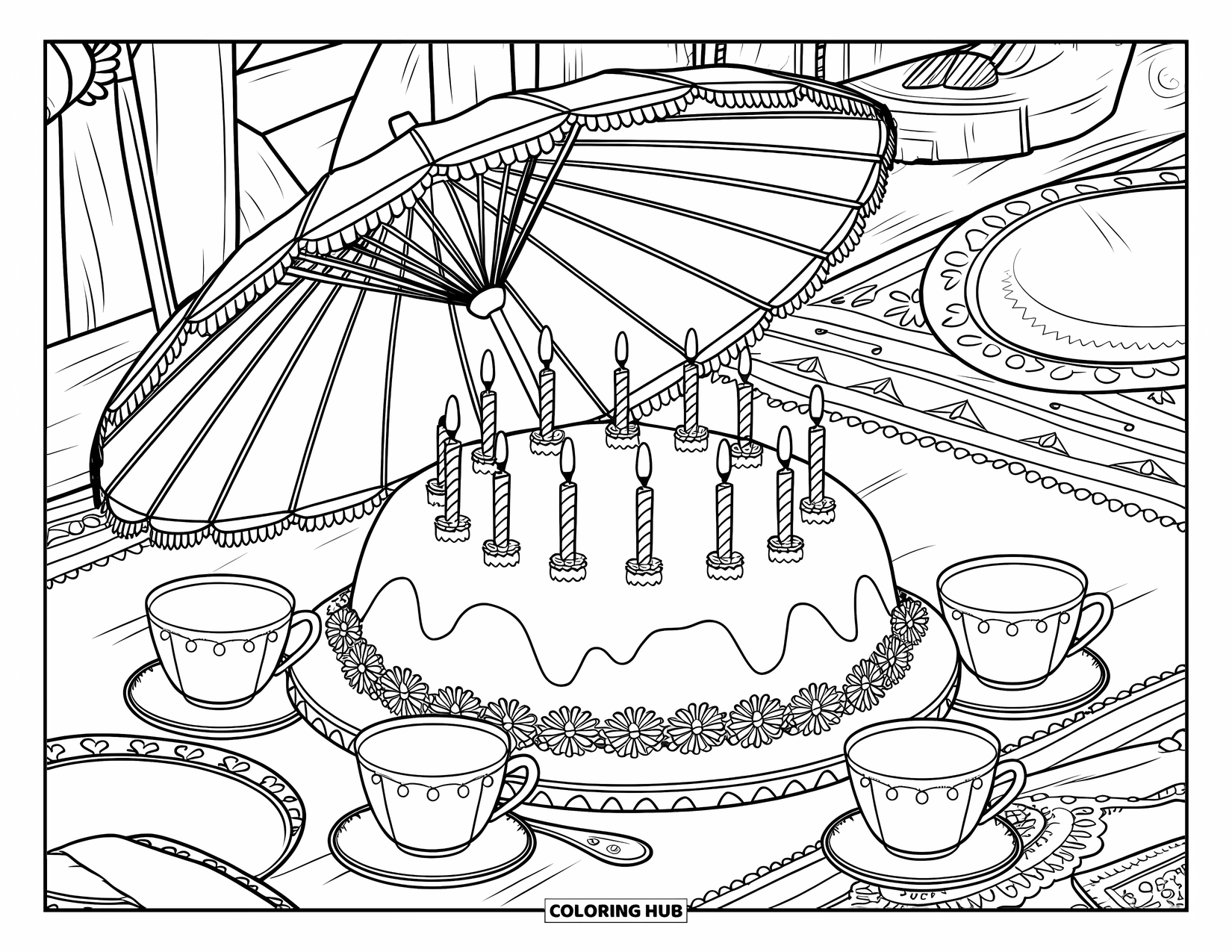 Birthday Cake Coloring Page for Adults: A candlelit cake under a parasol is surrounded by antiques in a rustic space