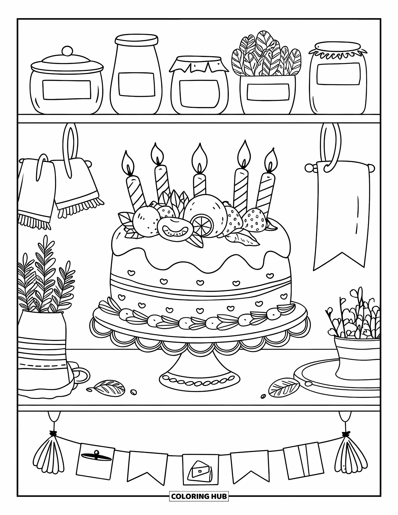 Birthday Cake Coloring Page for Adults: A decorated cake sits on a shelf beside jars, herbs, and a festive hanging banner