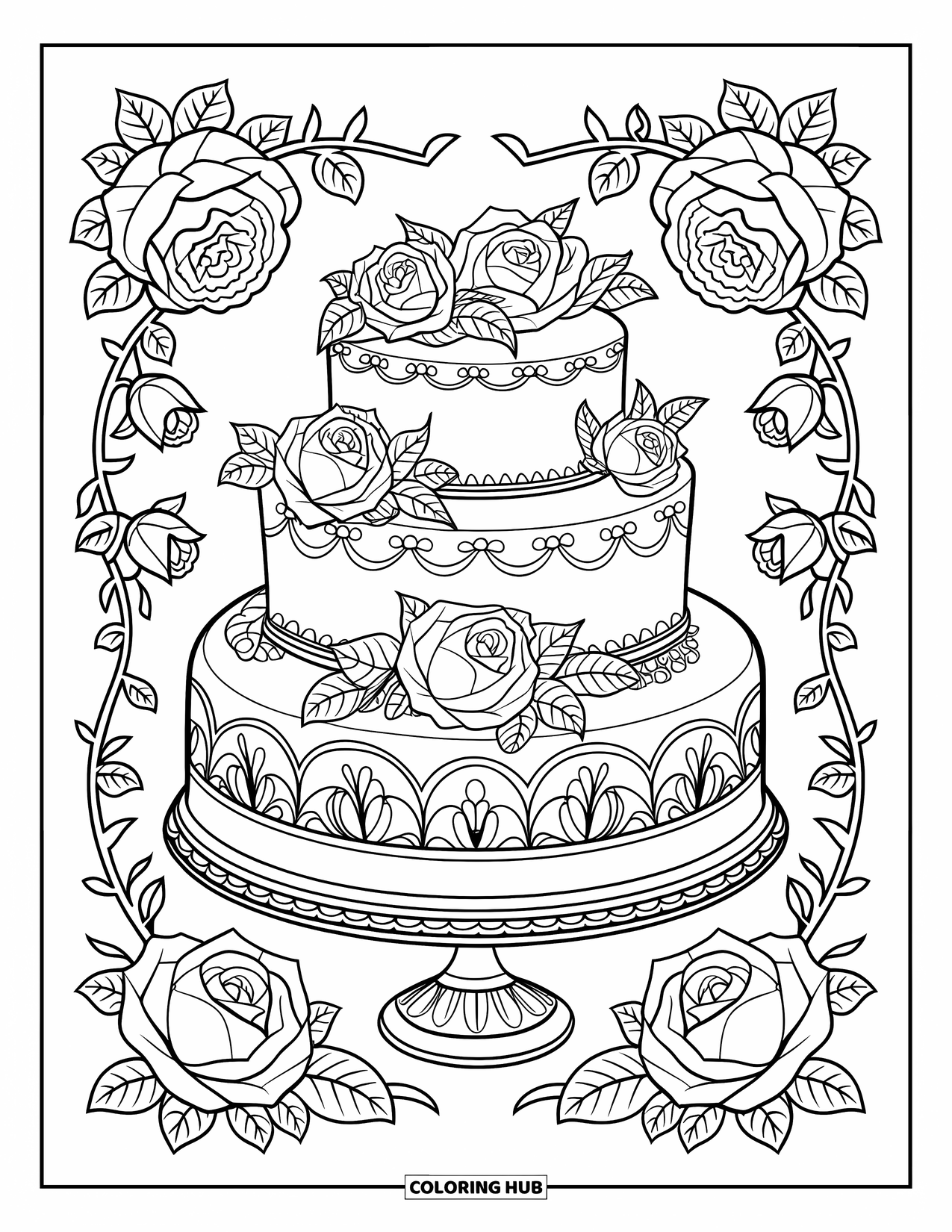 Birthday Cake Coloring Page for Adults: A decorated cake with climbing vines and blooming roses brings classic charm