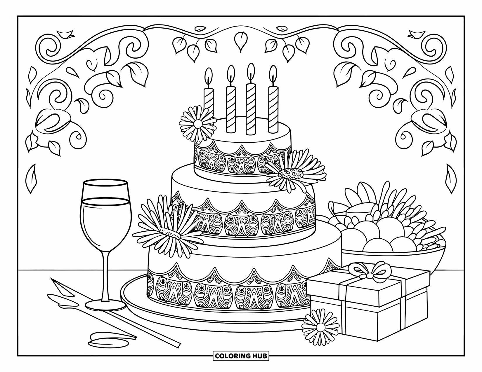 Birthday Cake Coloring Page for Adults: A detailed still life with cake, wine, flowers, and ribbon-wrapped gift sits beside fruit