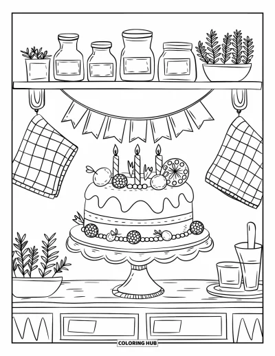 Fargeleggingsark med bursdagskake for voksne: En frukttoppet kake på stativ hviler nær glass, urter og et bursdagsbanner