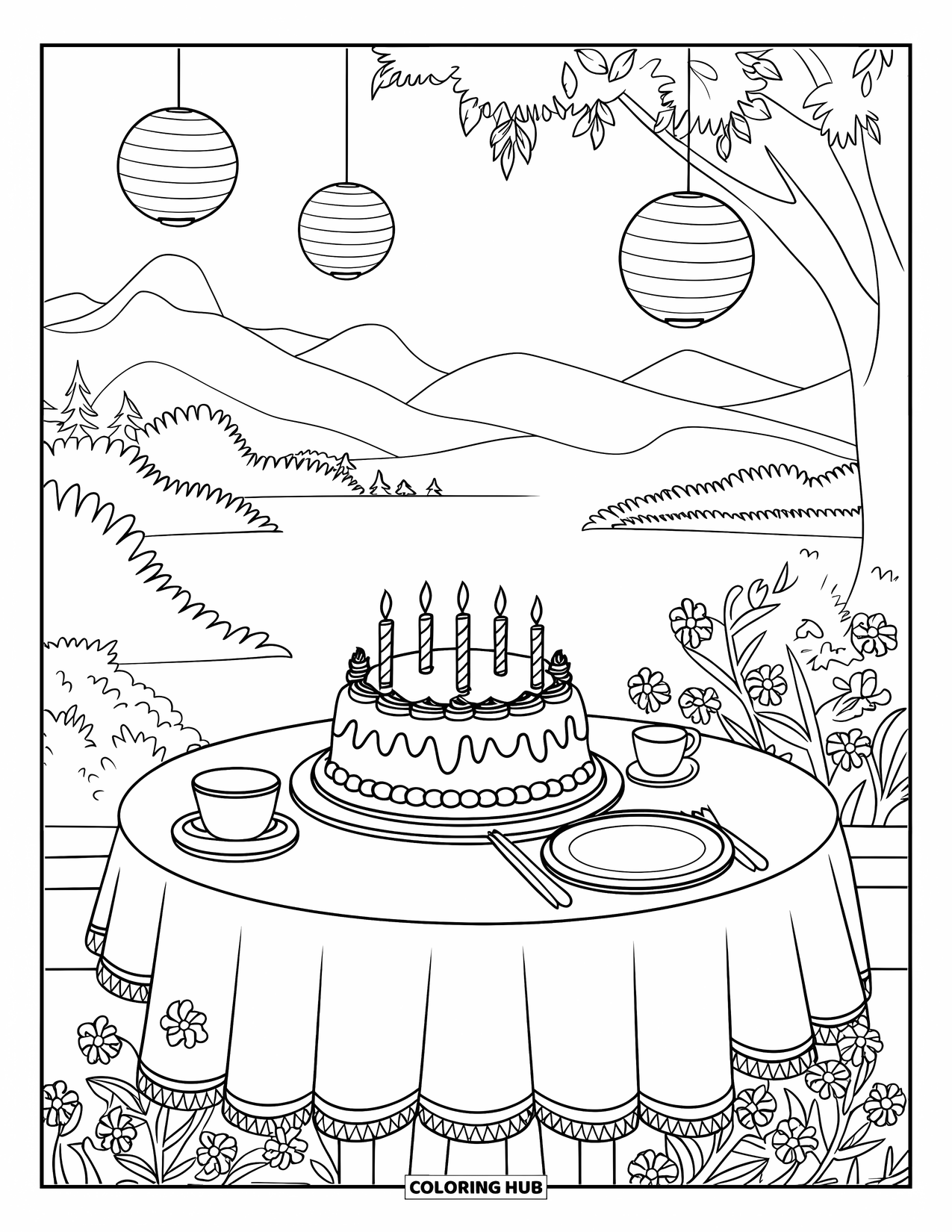 Birthday Cake Coloring Page for Adults: A garden table set for one with cake, tea, and lanterns overlooks a peaceful view