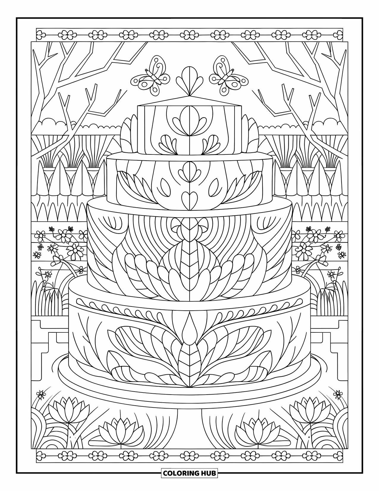 Birthday Cake Coloring Page for Adults: A garden-themed cake sits among butterflies, lotus patterns, and winding floral paths