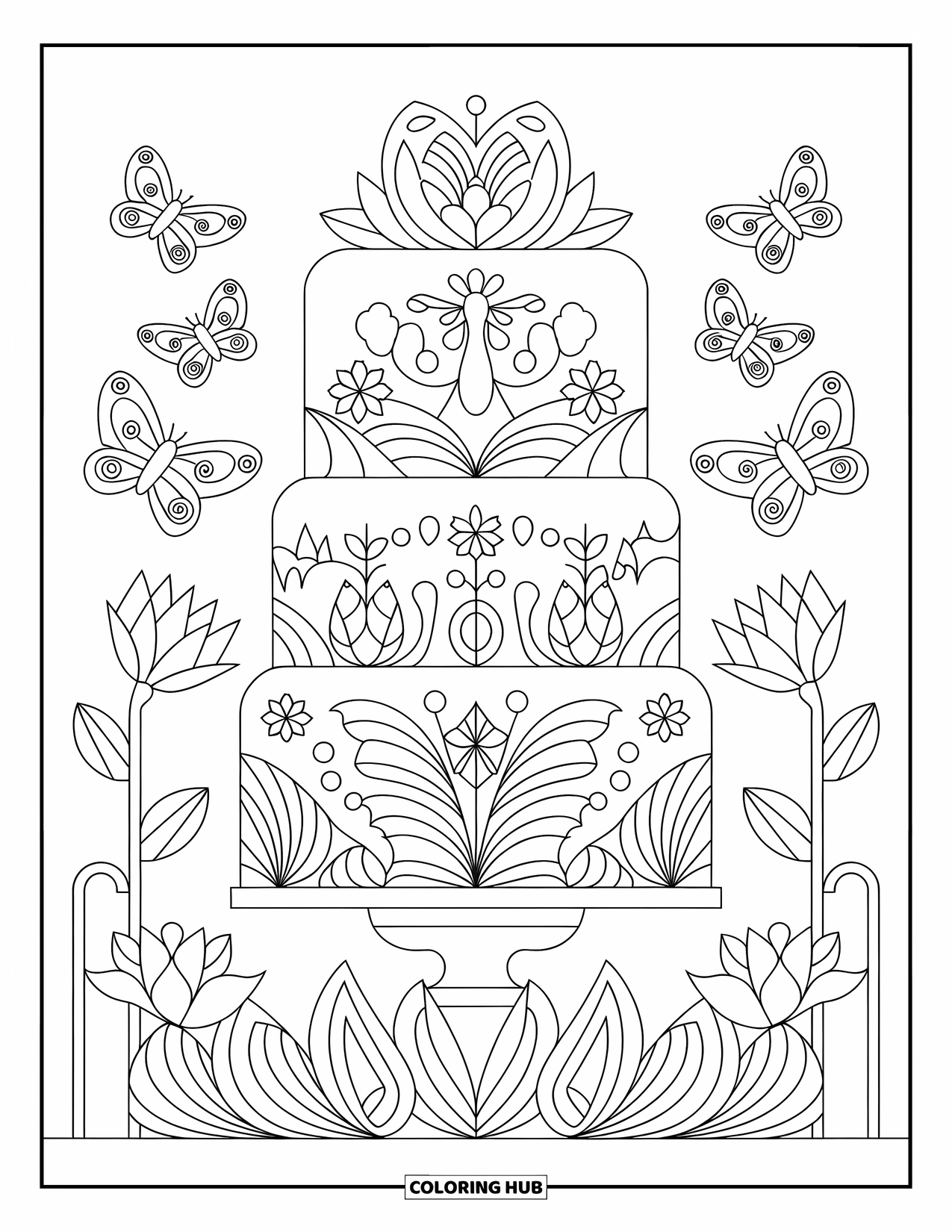 Birthday Cake Coloring Page for Adults: A garden-themed cake with butterflies and lotus motifs fills the page with calm charm
