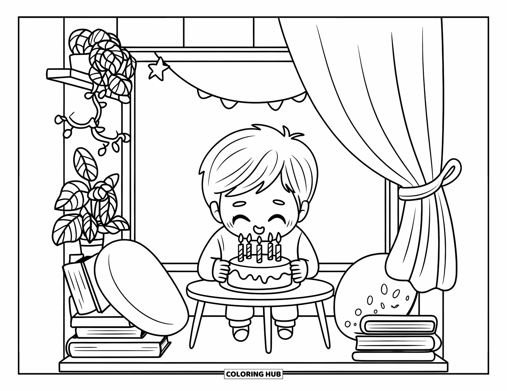 Birthday Cake Coloring Page for Adults: A happy boy makes a wish at a low table surrounded by books and houseplants