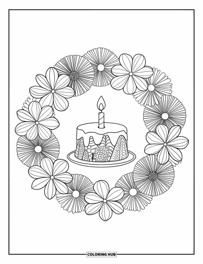 Fargeleggingsark med bursdagskake for voksne: En mønstret blomsterkrans omgir en enkelt lysekake i et fredfullt motiv